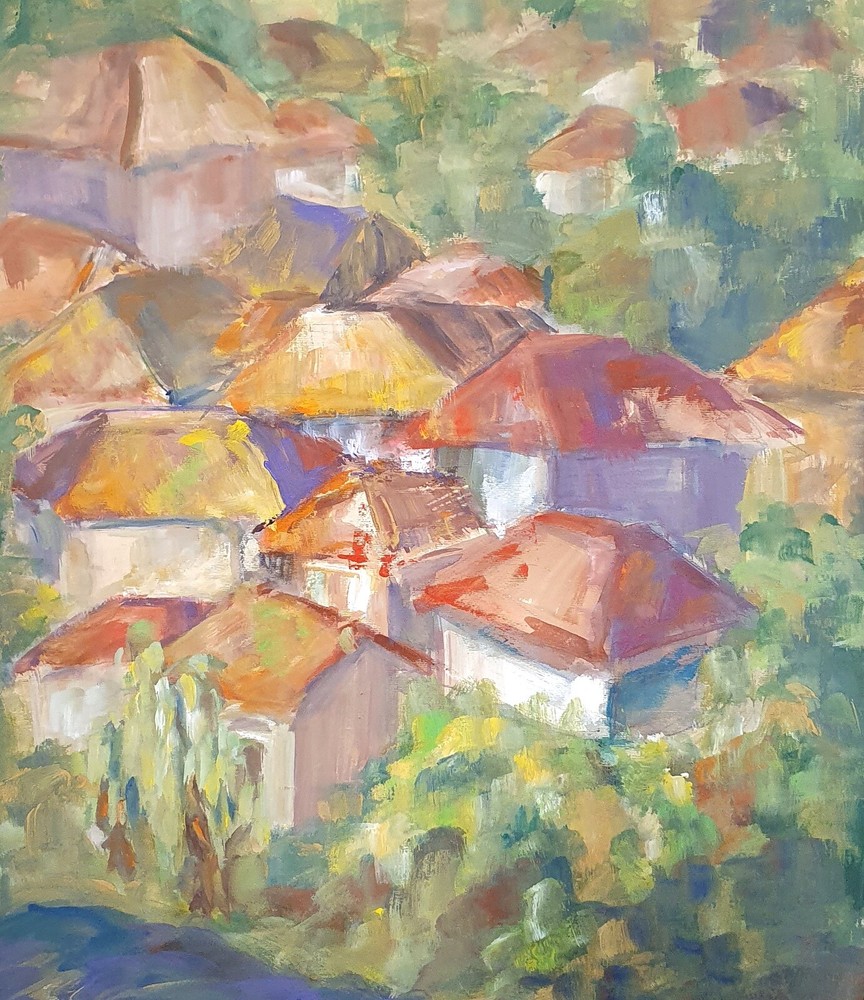 Vintage post impressionist landscape village houses gouache painting