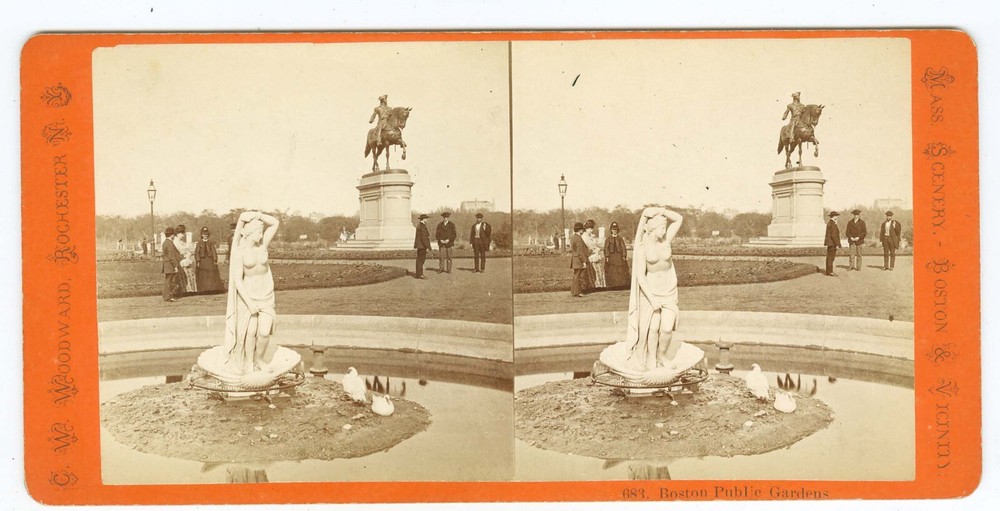 D0920~ BOSTON MASS –Maid of the Mist & Washington Statue Stereoview c.1870s