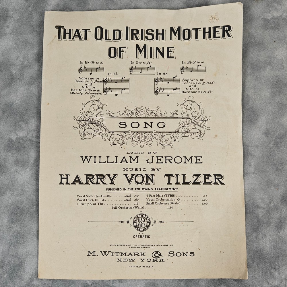 1920 Sheet Music “That Old Irish Mother of Mine” — Jerome/Von Tilzer, Witmark