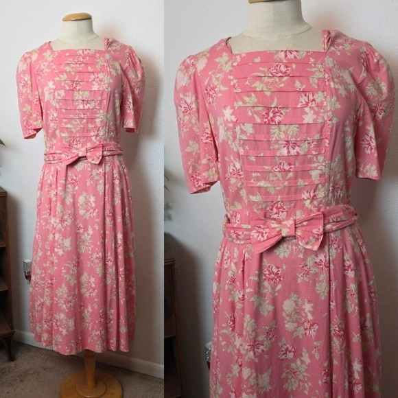 Laura Ashley Vintage Size 14 Pink Floral Bow Waist Tie Midi Dress Cottagecore