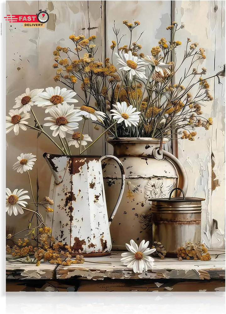 Rustic Daisy Wall Art Farmhouse Bathroom Wall Decor Vintage Country Canvas Wall