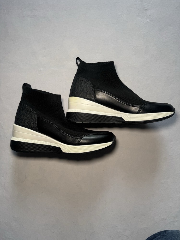 Michael Kors Wedge Sock Sneakers Black Knit Leather Size 8.5 Women’s Slip On
