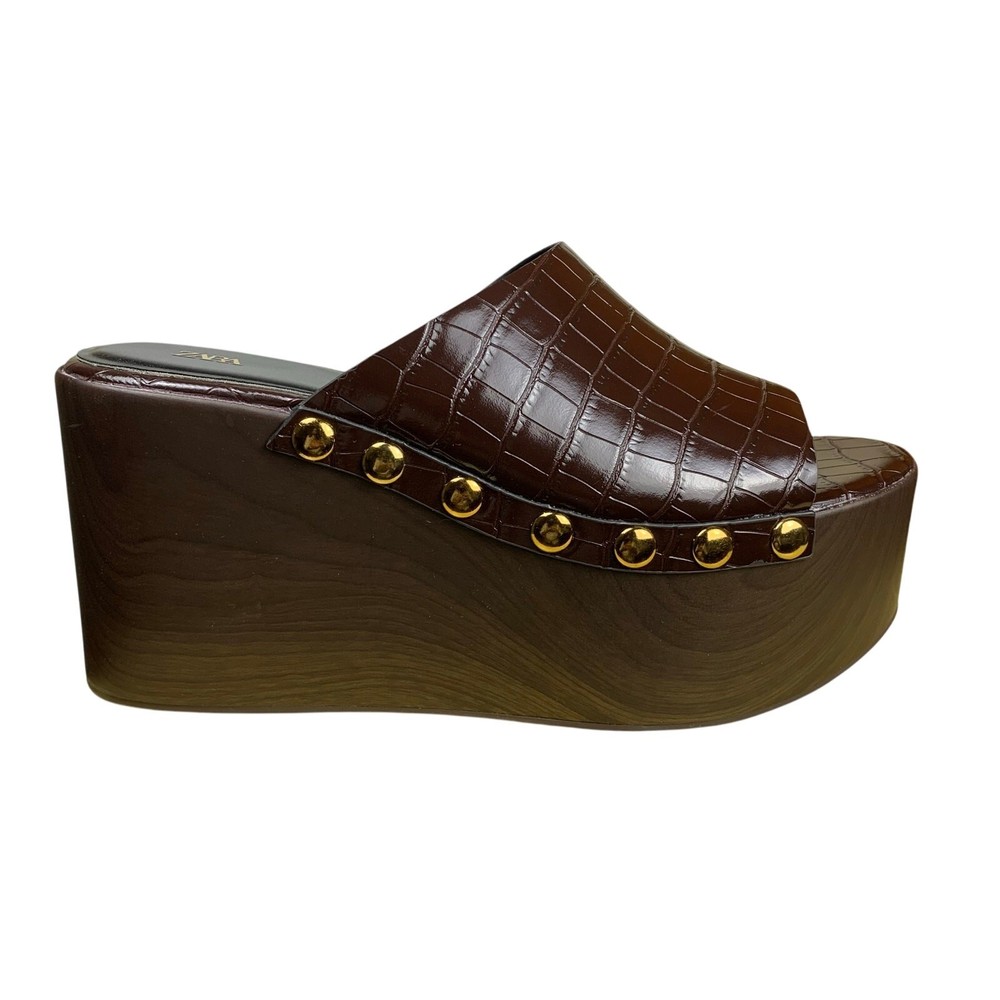 Zara Dark Brown Textured Wedge Studded Platform Mules Size 39 US 6