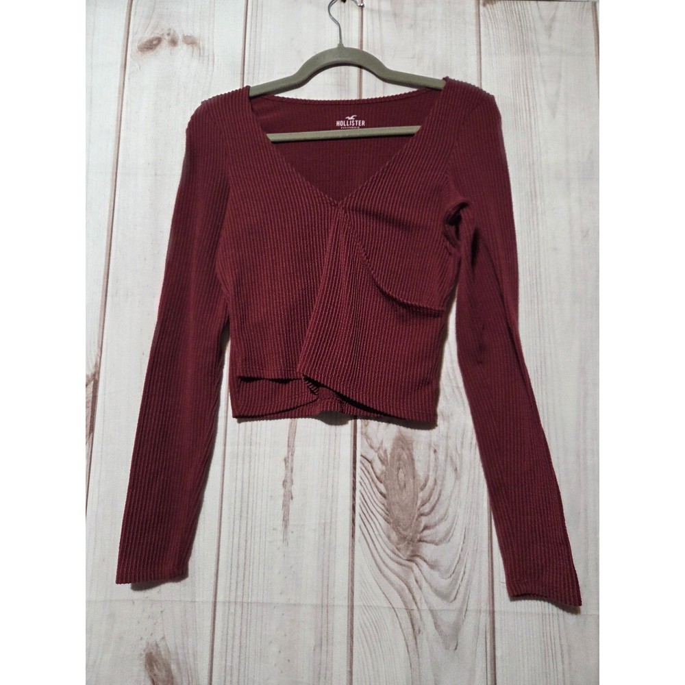 Hollister Burgundy Ribbed V Neck Long Sleeve Crop Top Women's Size Medium