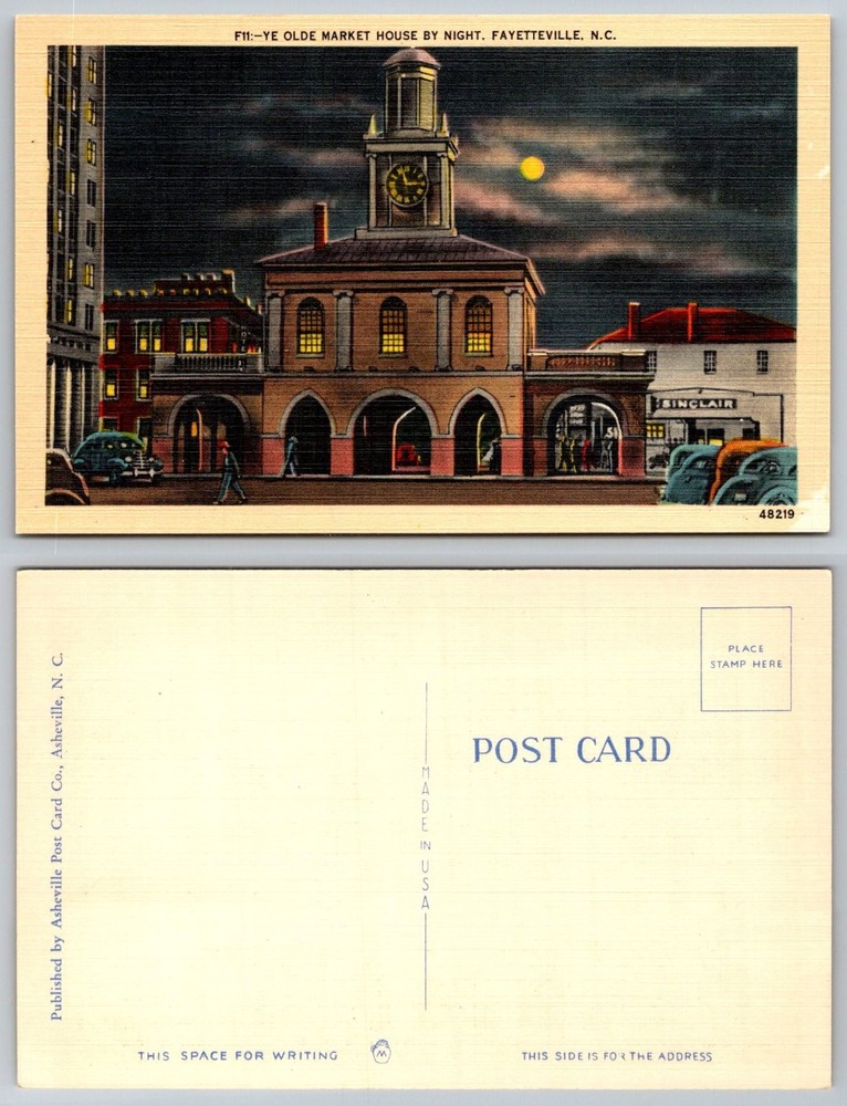 Ye Olde Market House by Night Fayetteville NC Linen Postcard Vintage Cars