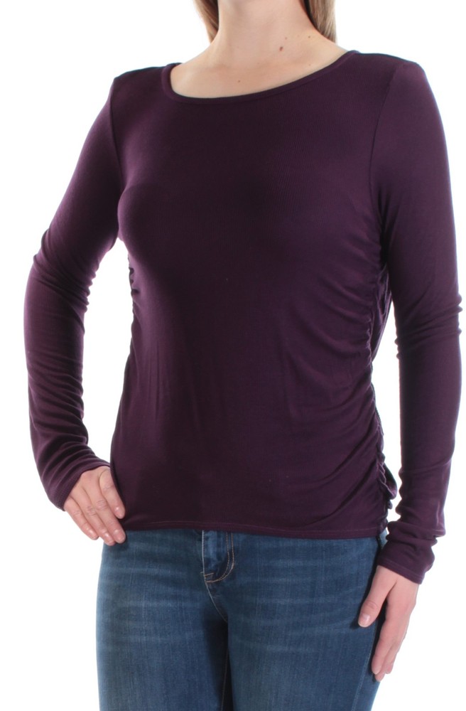 CHELSEA SKY Womens Purple Low Cut Long Sleeve Jewel Neck Top Size: M