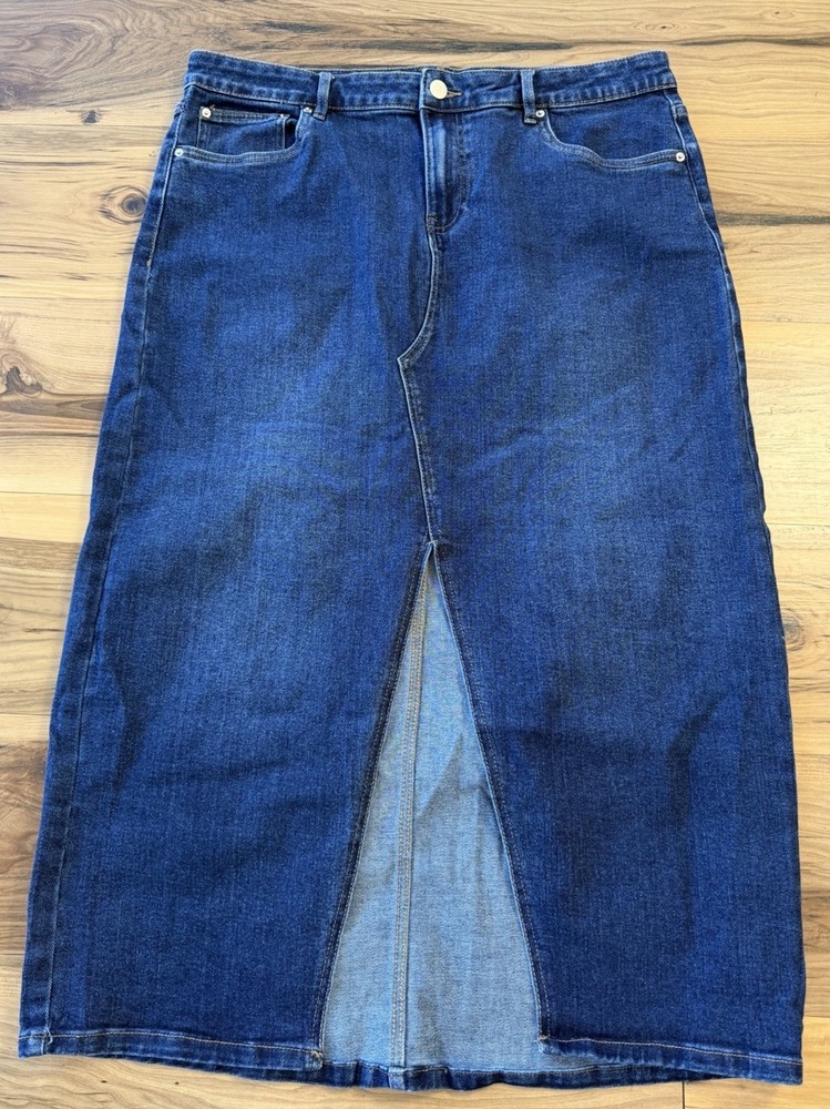 Baccini Denim Midi Skirt Womens 14 Blue Stretch Jean Skirt Front Slit