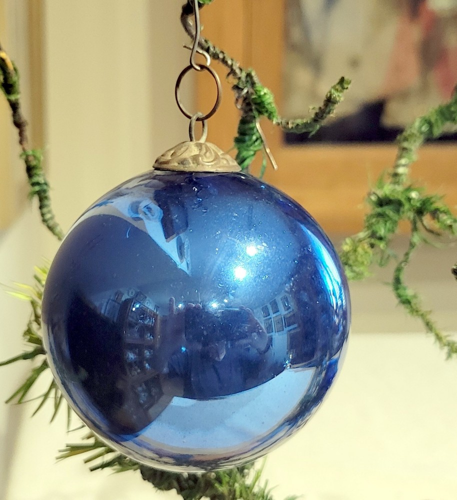 German Kugel Christmas Blue 1890s Heavy Glass Ornament, Brass Cap on Top. 3