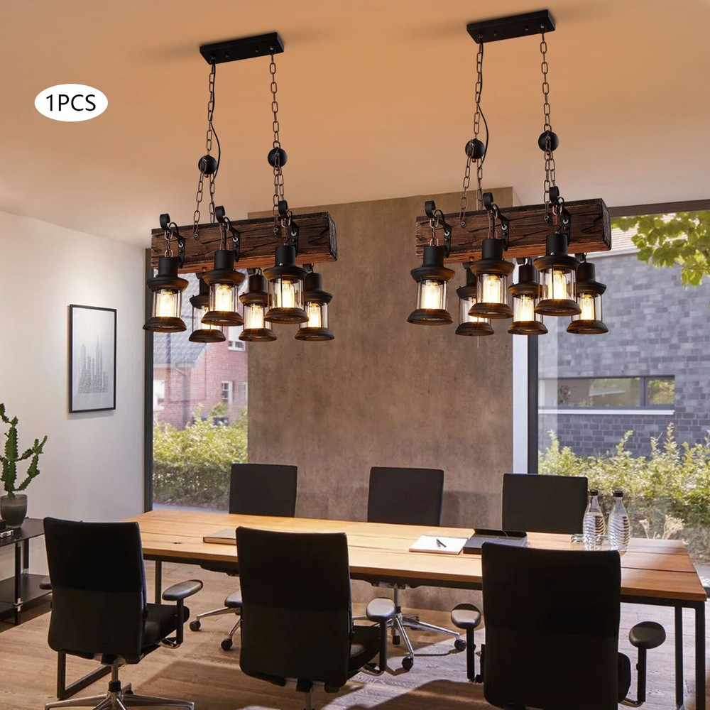 Farmhouse Wooden Chandelier Pendant Light for Kitchen Island or Dining Room Ceiling  