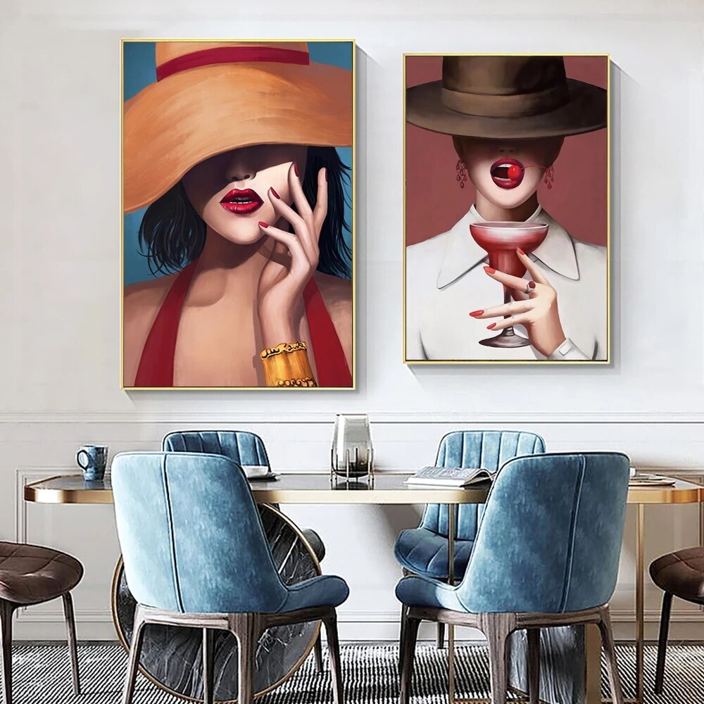 Modern Hat Girl Abstract Portrait Canvas Art Fashion Model Wall Poster-image