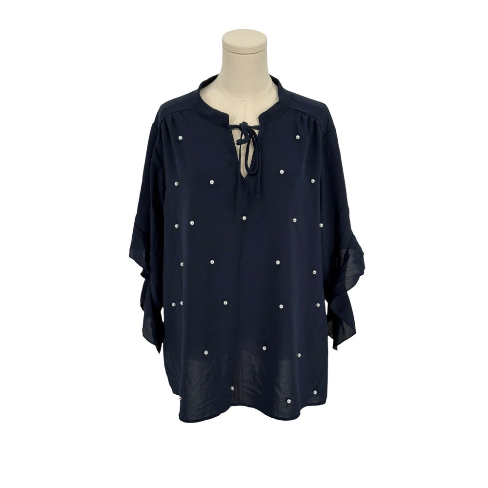 SHEIN Curve Navy Blue Faux Pearl Embellished Tie Neck Blouse Plus Size 2XL
