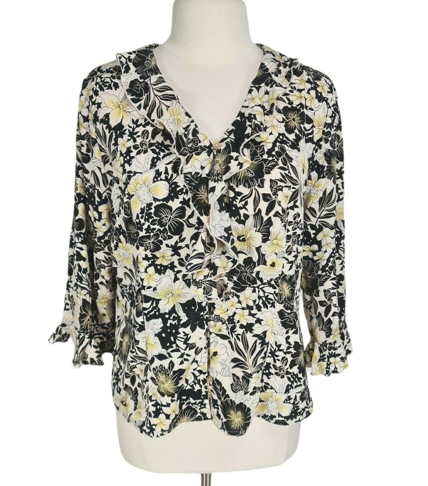 Sag Harbor Floral Ruffle Neck Long Sleeve Basic Button up Blouse Women Size 14