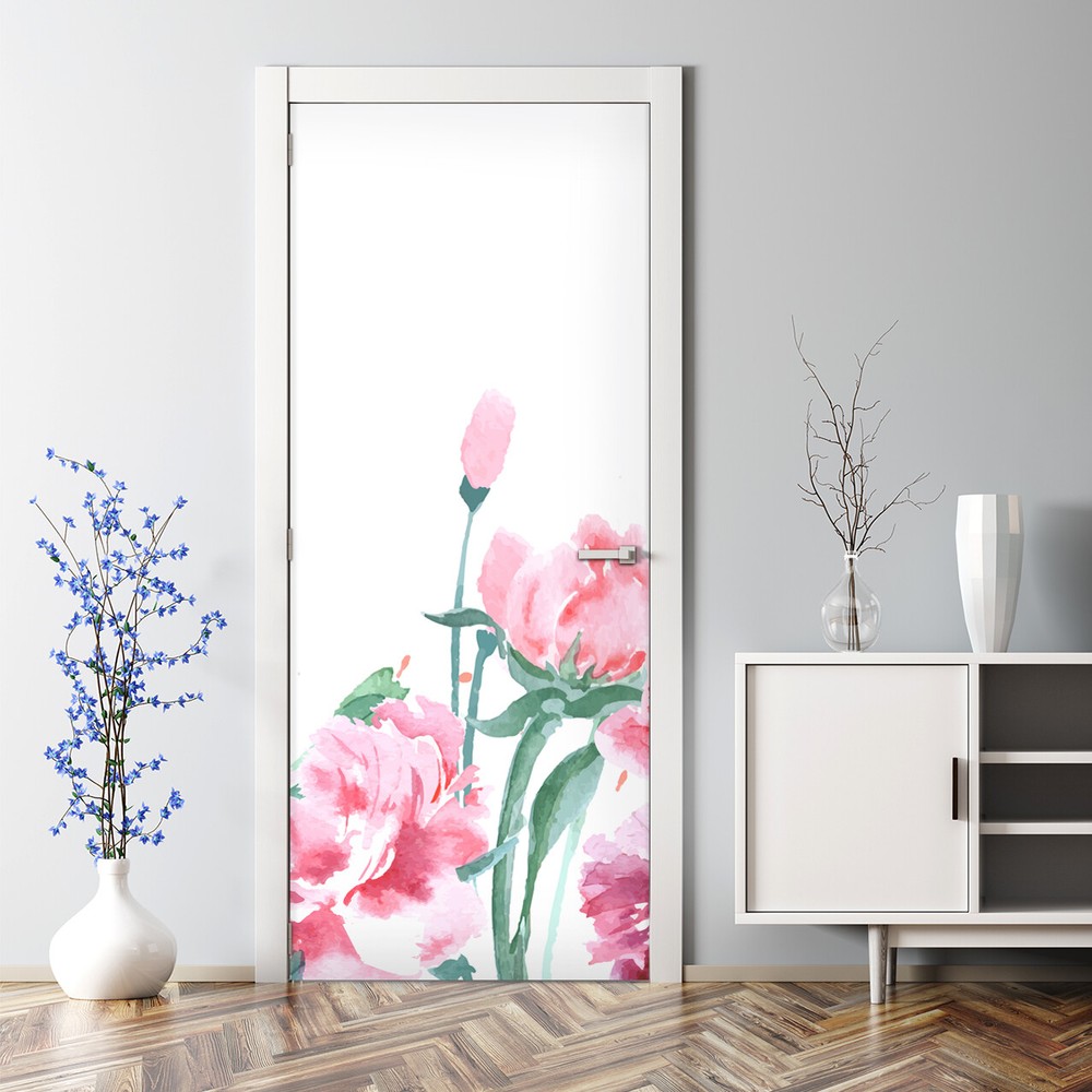 Pink floral Bubble Free pink Door Decal Reusable self adhesive wallpaper
