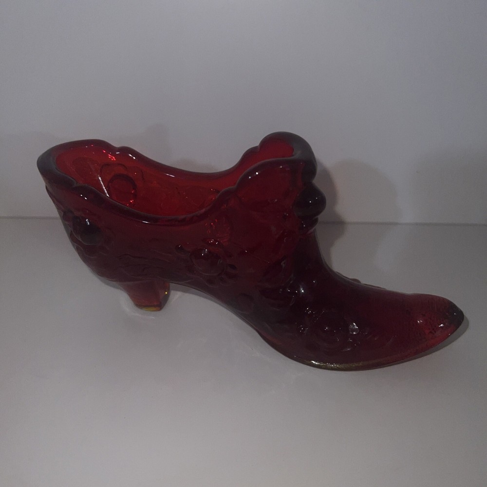 Vintage Fenton Glass Cabbage Rose Red Shoe Slipper