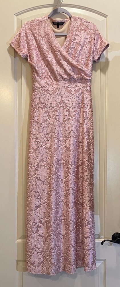 Lula Roe Elegant Women's Pastel Pink Velvet textured damask print Maxi Dress S