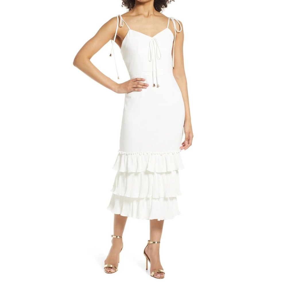 Elle Zeitoune Women White Alexandria Ruffle Tiered Sheath Midi Dress Size S