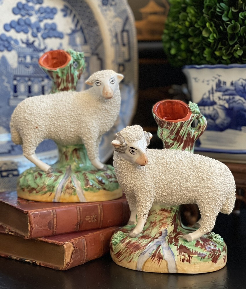 Fine Scarce XL 19C English Staffordshire Mantle Lamb Sheep Spill Vase Pair 7.4”