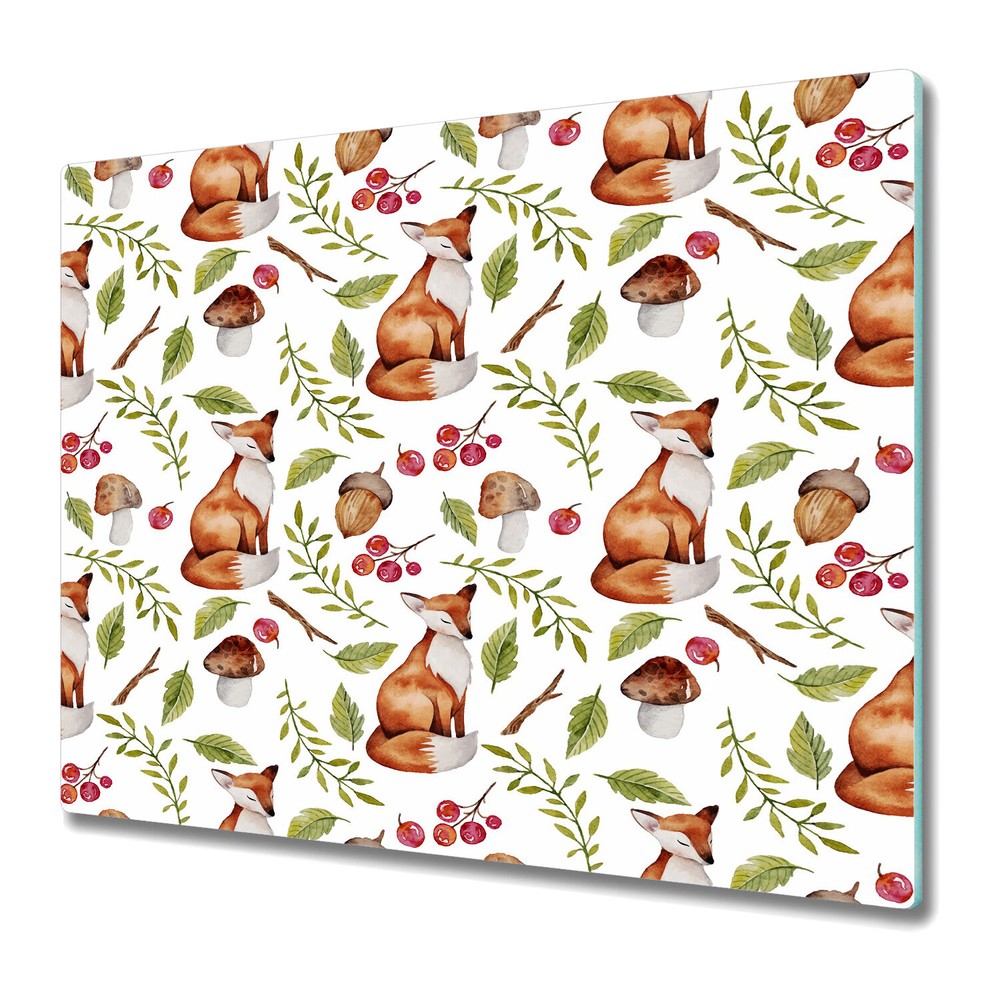 Glass Worktop Kitchen Chopping Board Fox and Plants mushrooms Animals Leaves