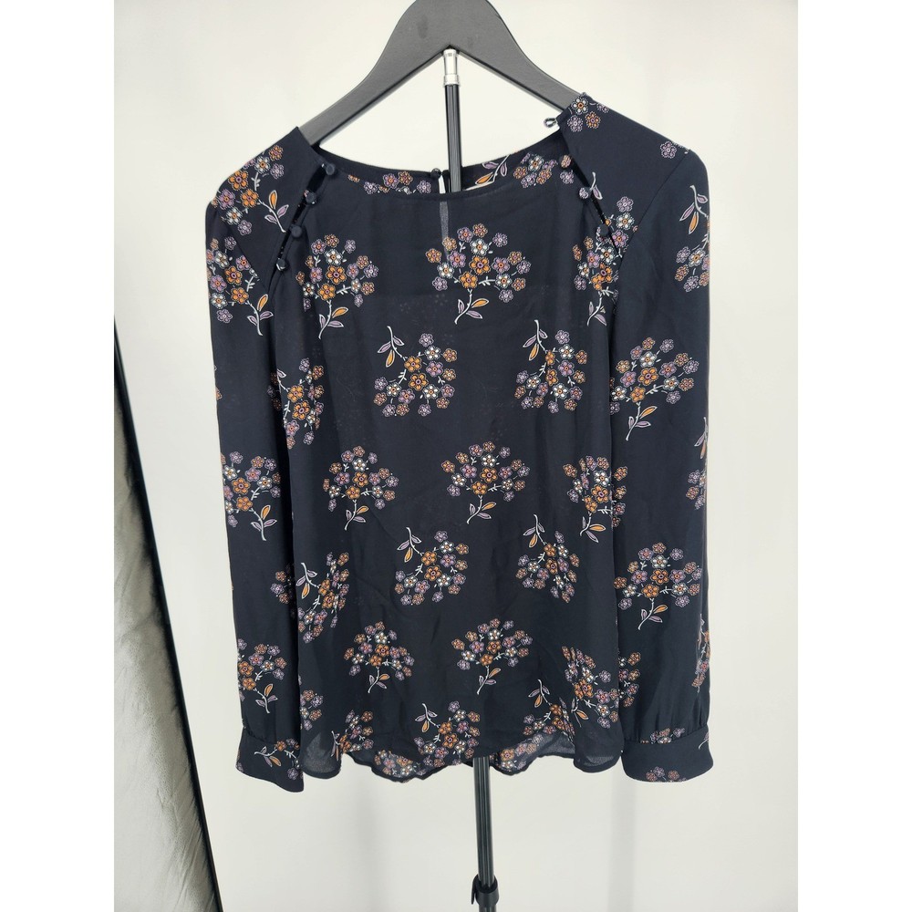 LOFT Women Navy Blue Floral Long Sleeve Button Shoulder Blouse Size M