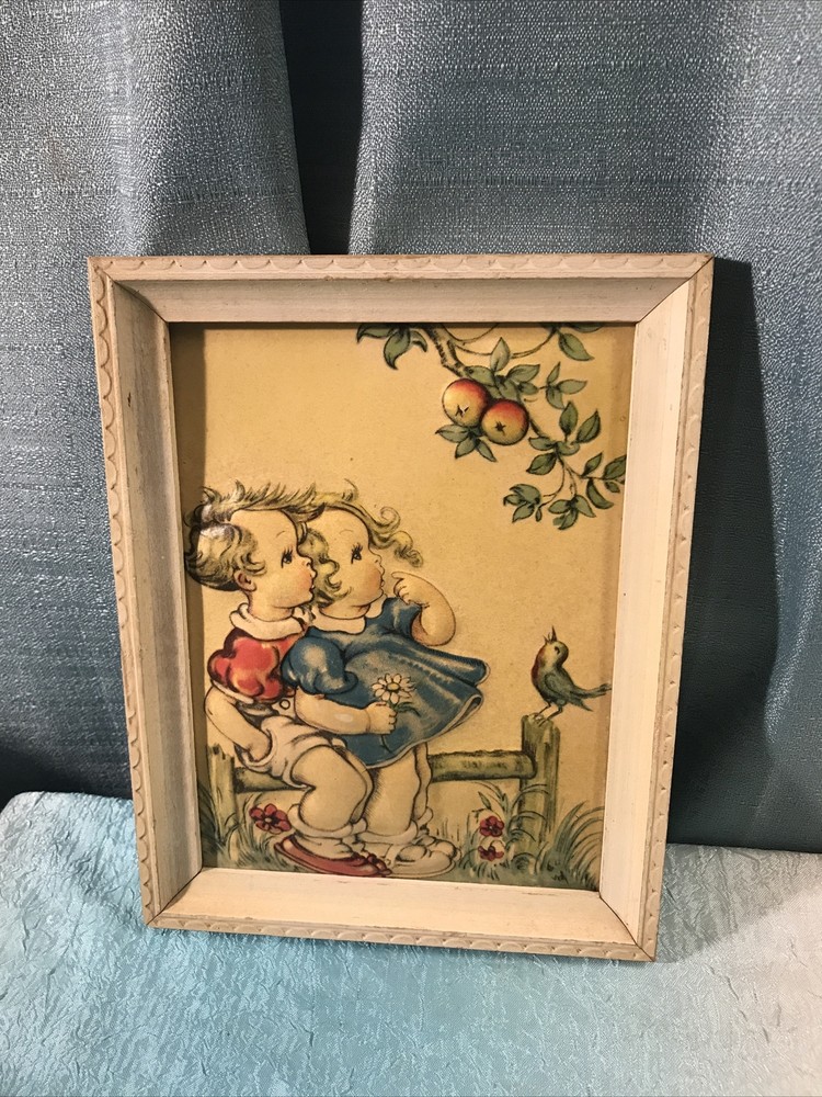 Vintage 40s 50s Art Print 3d Little Girl & Boy on Fence Apple Tree 9x7