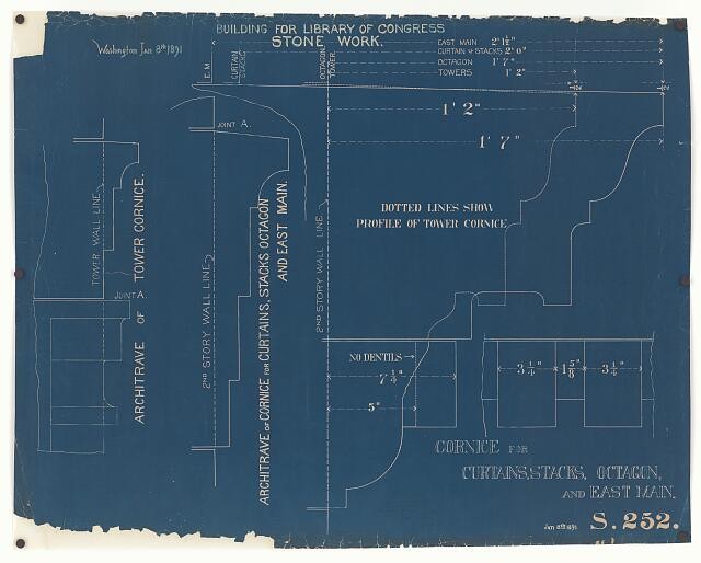 Washington DC Library of Congress 1891 Stone Work Blueprint Cornice Details