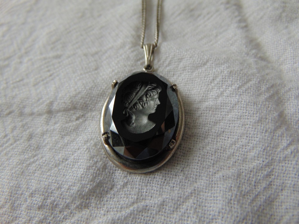 vintage CARVED HEMATITE Cameo pendant necklace silver chain