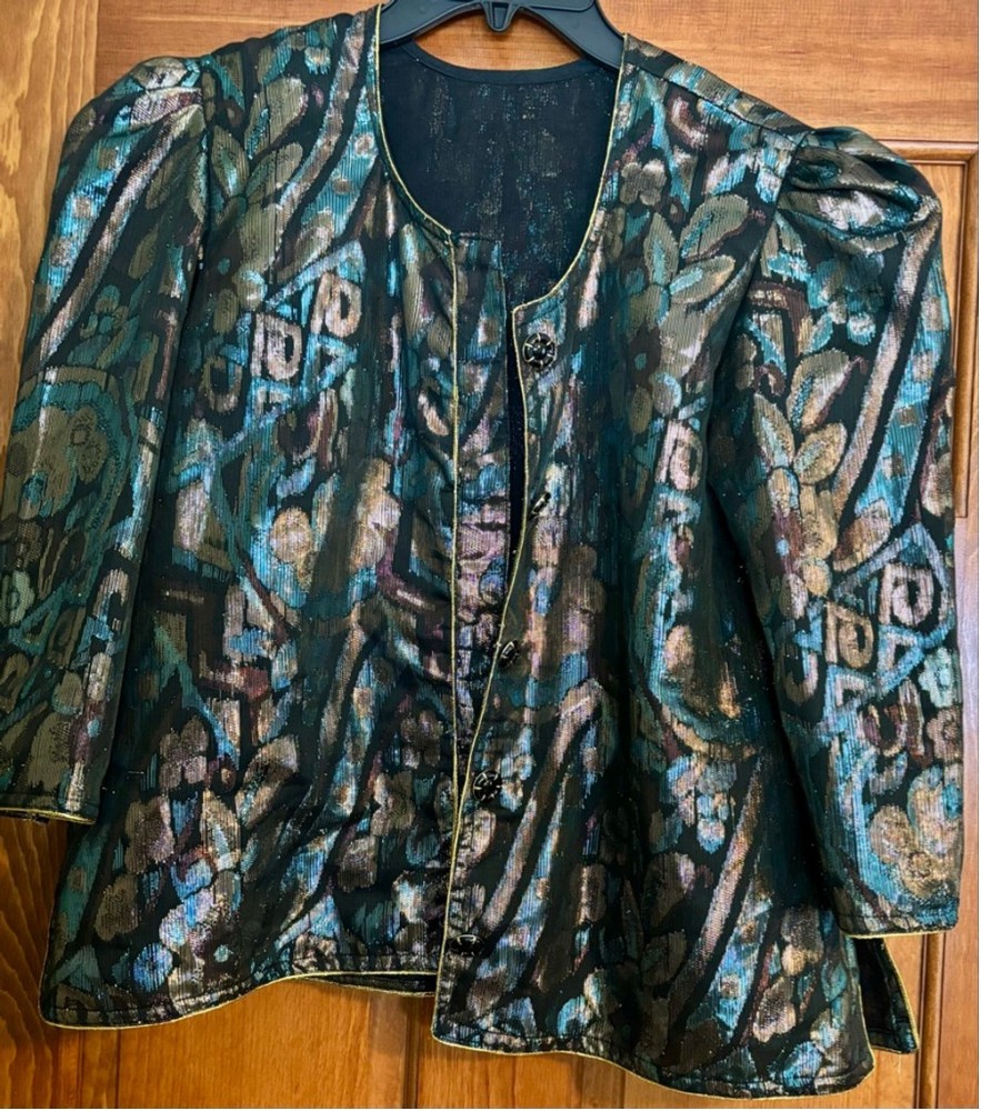 Vintage Handmade Metallic Brocade Jacket Puff Sleeve Black Teal Gold Size M
