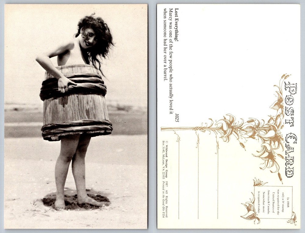 Vintage Style Humorous Postcard - Woman in Barrel on Beach - Marcy 1987