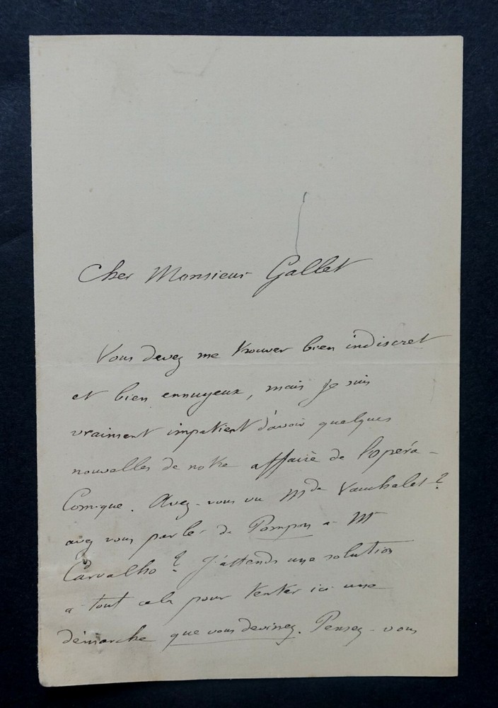 Etienne Hemery - Signed Autograph Letter to Louis Gallet, Opera Comique 1882