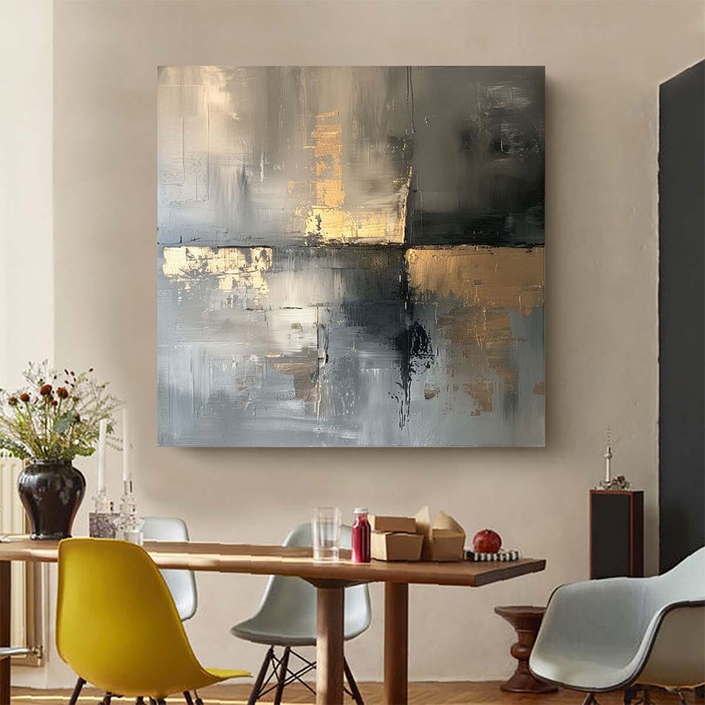 Golden Modern Gray Handmade Abstract Oil Painting on canvsa Living Room black