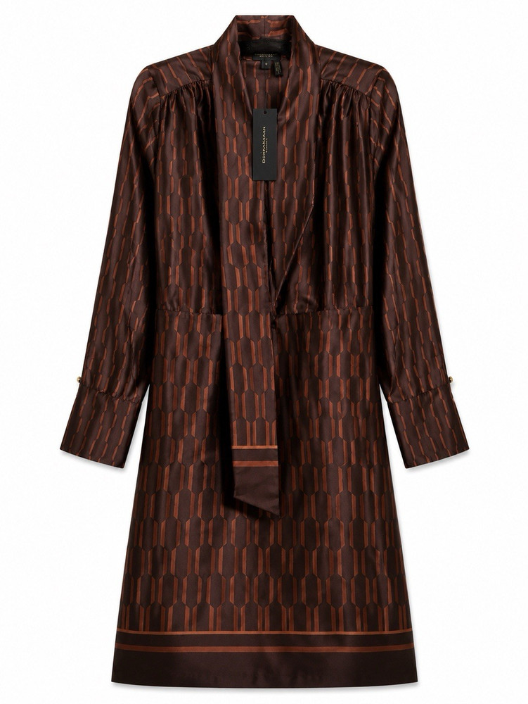 Donna Karan New York Brown Geometric Satin Dress Tie Neck Long Sleeve NWT 12