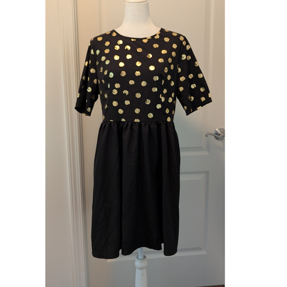 Emery Rose Women’s XL Black Gold Polka Dot Knee Length Short Sleeve A-Line Dress