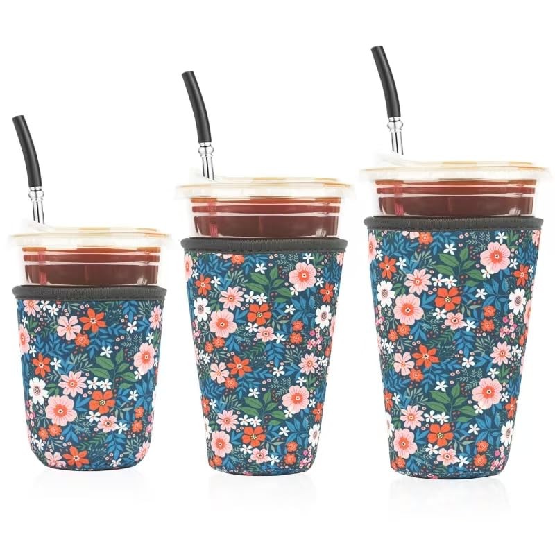 Reusable 3-Pack Iced Coffee Cup Sleeve, Insulated Large, Bloom Garden