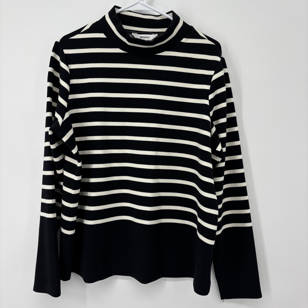 SPANX AirEssentials Mock Neck Striped Long Sleeve Pullover Black White Size XL
