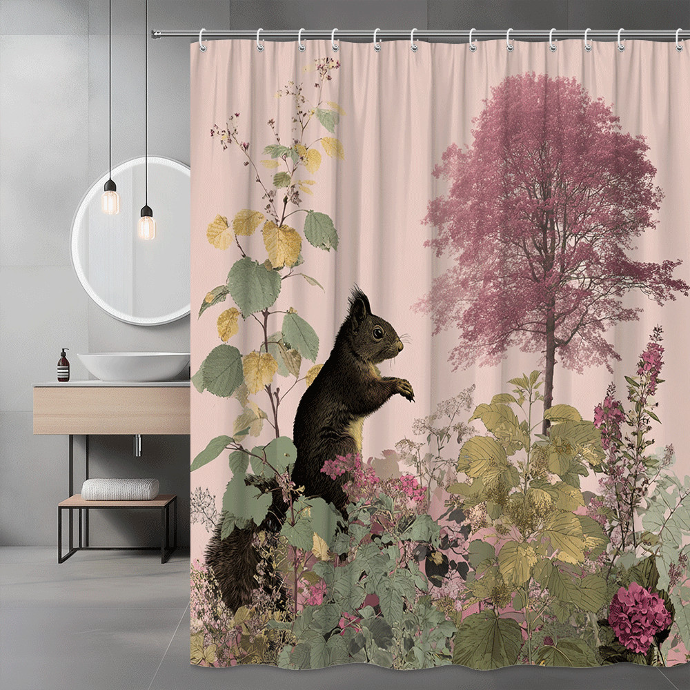 Squirrel Floral Tree Shower Curtain Pink Botanical Print