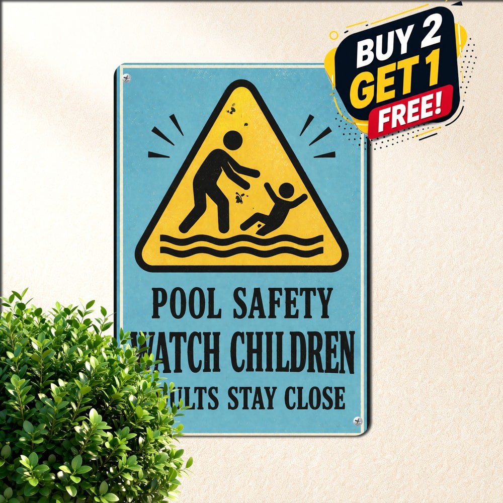 Yellow Triangle Pictogram Pool Safety Warning Sign Hazard Alert Metal Tin Plaque