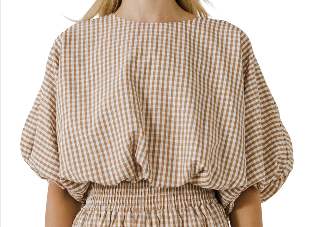 ENGLISH FACTORY Brown/White Gingham Check VOLUMINOUS CROPPED TOP Bubble Lined M