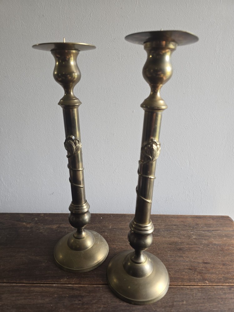 Set Of 2 Ornate Brass Floral Pillar Free Standing Candle Holders Boho Shabby