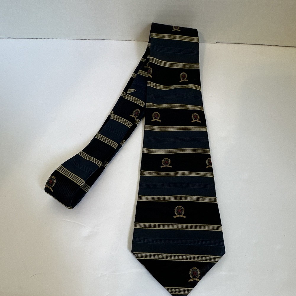 Tommy Hilfiger Men's Navy Blue/Gold Striped Woven Silk Tie, Logo Accent