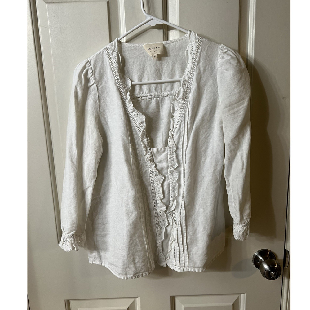 Sézane White Linen Cotton Ruffle Embroidered V-Neck Long Sleeve Blouse Size 34