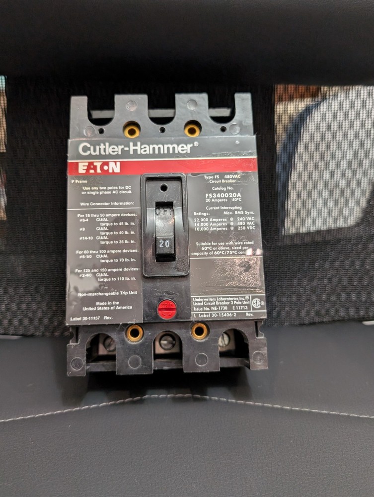 Eaton Cutler Hammer FS340020A 20 Amp 3 Pole 480V FS Circuit Breaker -Tested