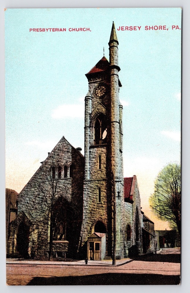 c1908~Presbyterian Church~Street View~Jersey Shore Pennsylvania PA~VTG Postcard