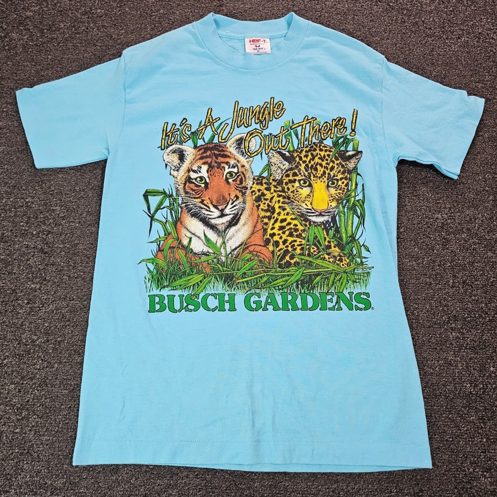 Vintage 90s Busch Gardens T Shirt Mens Medium Blue It's A Jungle Out There Tiger