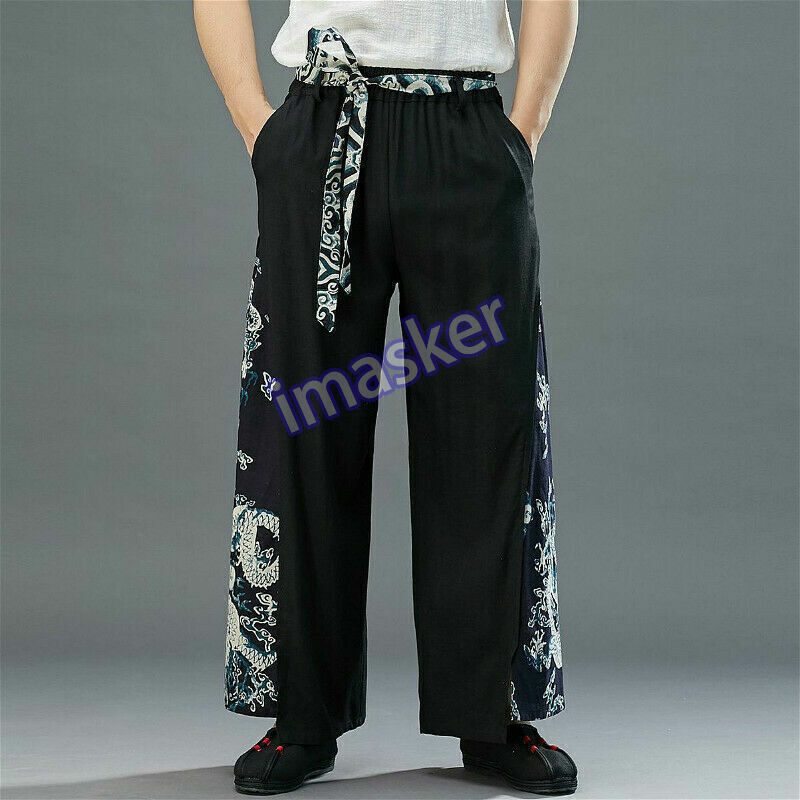 Men Retro Dragon Print Cotton Linen Wide Leg Baggy Trousers
