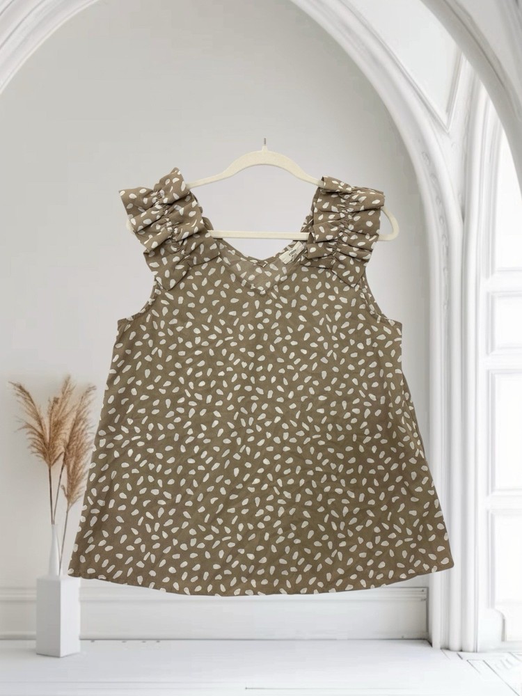 Entro Womens Briwn Geo Print Ruffle Sleeve Top Tank Size Medium Summer Chic