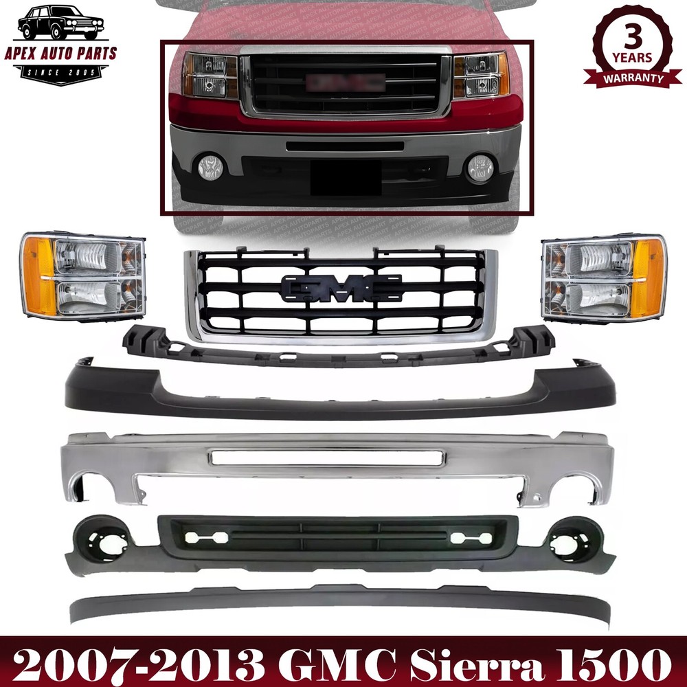 Front Bumper Chrome Kit + Grille + Headlights For 2007-2013 GMC Sierra 1500 8Pcs