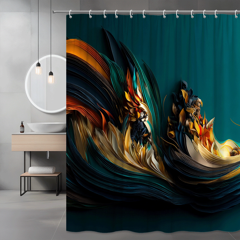 Abstract Wave Shower Curtain Teal Black Gold Graphic Design