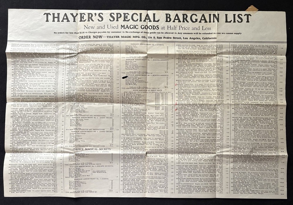 Vintage Thayer Magic Mfg Co Bargain List Catalog Los Angeles Magic Tricks c1920s