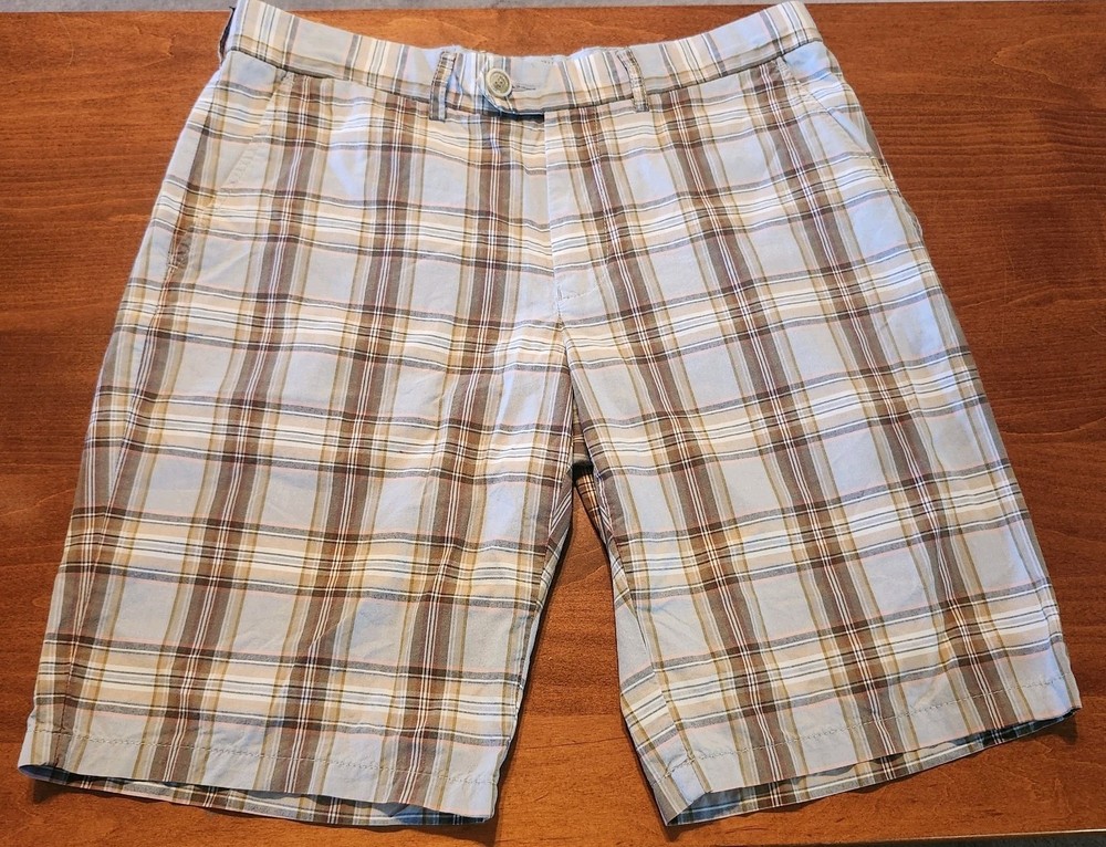Mens 100% Cotton Bermuda Shorts Blue Brown White &  Pink Plaid Size 34 EUC