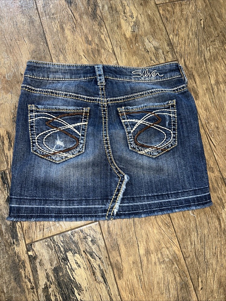 Silver Jeans Francy Mini Skirt Womens 25 Blue  Dark Wash Denim Pockets Distress